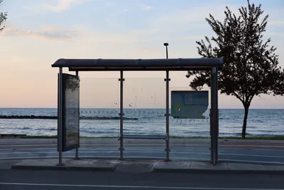 Empty bus stop by the sea at dusk, serene ocean and sky backdrop.