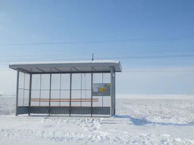 A solitary bus stop in a vast snowy field under a clear blue sky, offering tranquility.